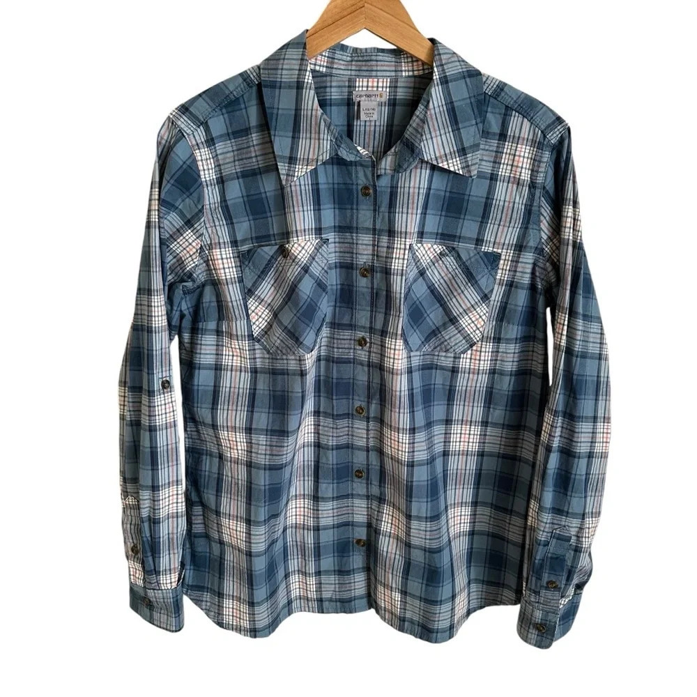 Carhartt‎ Womens Large 12/14 Blue plaid Button up shirt Western Cotton Stretch L